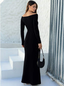 (120) Vestido Longo de Manga Comprida com Ombro Caído e Fenda Lateral Alto