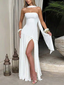 (129) Vestido elegante e sexy de cor sólida com fenda