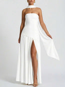 (129) Vestido elegante e sexy de cor sólida com fenda