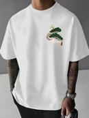 (017) Camiseta Masculina de Verão Nova Moda Estampa Guindaste e Pinheiro