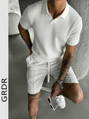 (026) Suéter de Malha de Manga Curta de Cor Sólida Masculino