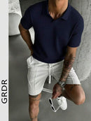 (026) Suéter de Malha de Manga Curta de Cor Sólida Masculino