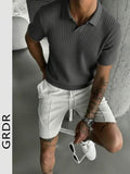 (026) Suéter de Malha de Manga Curta de Cor Sólida Masculino