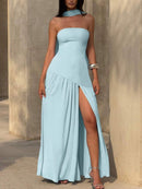 (129) Vestido elegante e sexy de cor sólida com fenda