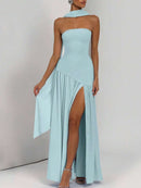 (129) Vestido elegante e sexy de cor sólida com fenda