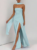 (129) Vestido elegante e sexy de cor sólida com fenda