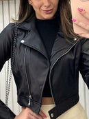 (114) Jaqueta De Couro Feminina Com Ziper Inverno Elegante