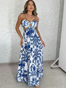 (123) Vestido Mari Longo Floral Com Amarração Nas Costas e Abertura