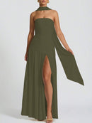 (129) Vestido elegante e sexy de cor sólida com fenda