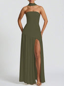 (129) Vestido elegante e sexy de cor sólida com fenda