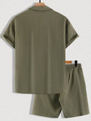 (034) Manfinity Homme Conjunto de Camisa de Manga Curta e Shorts de Cor Sólida Masculino