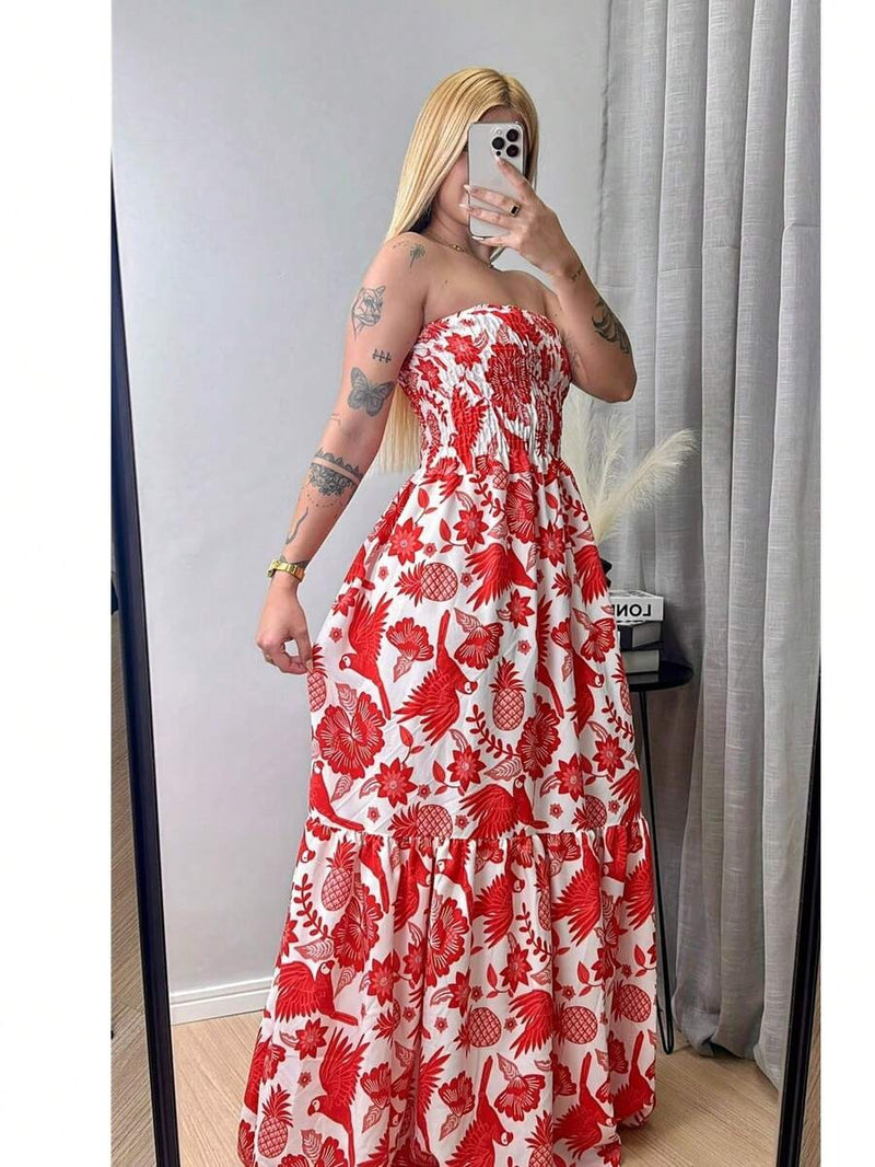 (126) Vestido Longo Tomara Que Caia Estampado Floral Luxo Verão Moda Feminina Elegante