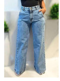 (145) Calça Wide Leg Pantalona Jeans Feminina Cintura Alta Levanta Bumbum