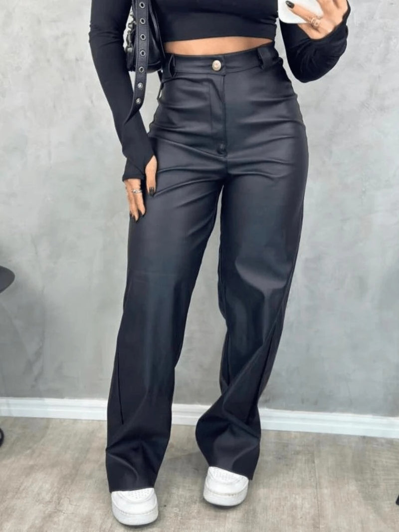 (133) Calça Courino Pantalona Wide Estilosa