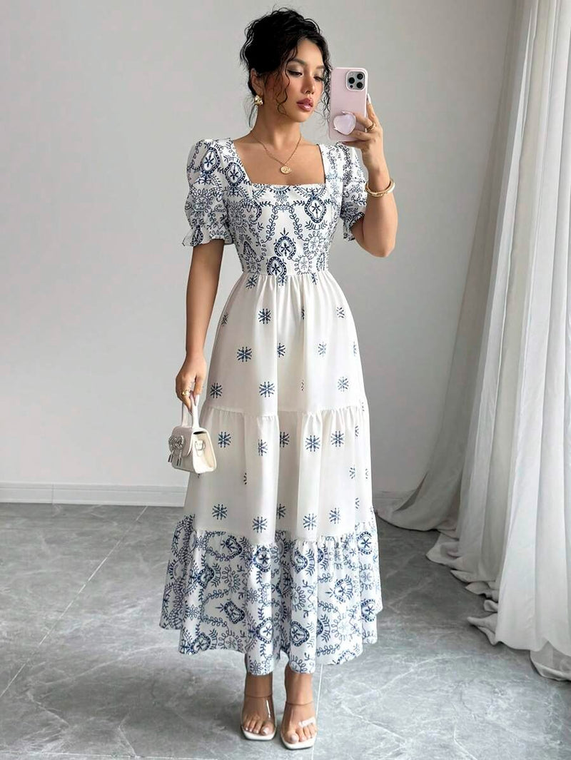 (125) Elenzga Vestido de Manga Curta Ajustado na Cintura e Estilo A-Line