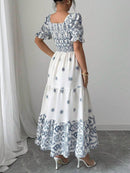 (125) Elenzga Vestido de Manga Curta Ajustado na Cintura e Estilo A-Line