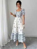 (125) Elenzga Vestido de Manga Curta Ajustado na Cintura e Estilo A-Line