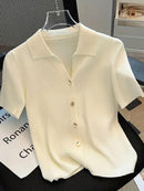 (112) Top Cropped de Tricô com Gola Polo e Manga Curta, Ombro Regular, Verão