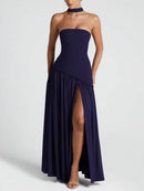 (129) Vestido elegante e sexy de cor sólida com fenda