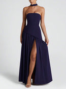 (129) Vestido elegante e sexy de cor sólida com fenda