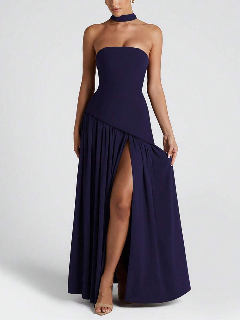 (129) Vestido elegante e sexy de cor sólida com fenda