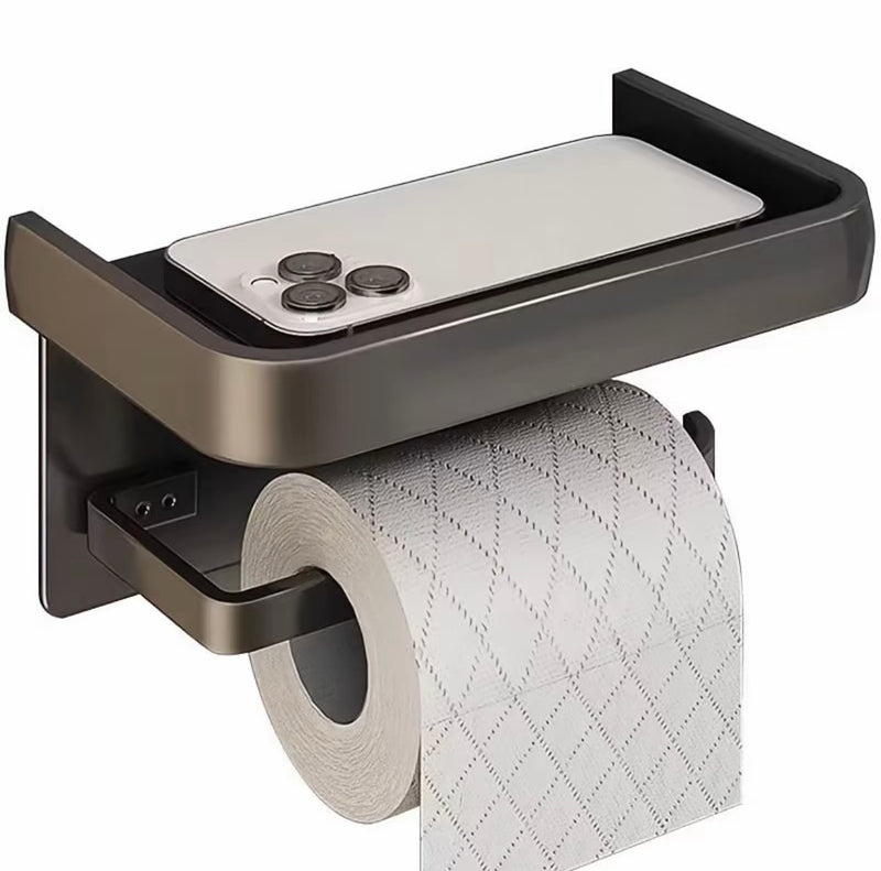 (03)  Suporte Preto Porta Papel Higienico e Suporte para Celular Papeleira Com Adesivo
