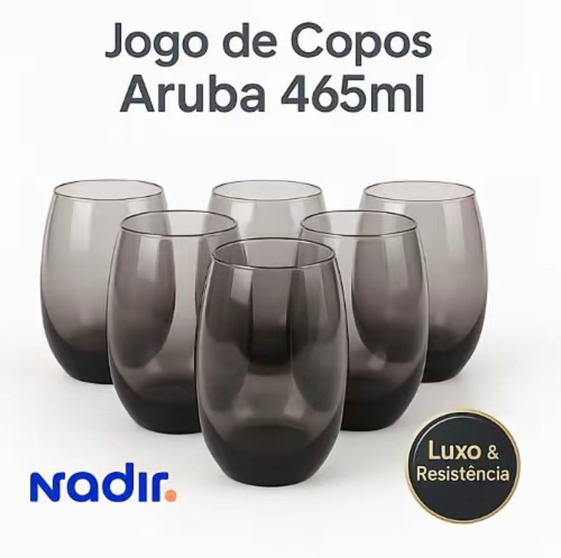 (04) Jogo Copos Vidro Reforçado Preto Translúcido Oval Fumê 465ml Aruba Nadir Cozinha Moderna
